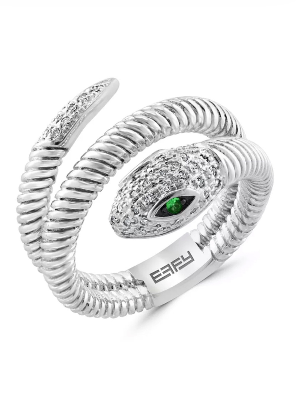 Effy 1/8 ct.Diamond and 1/10 ct.Tsavorite Snake Ring in Sterling Silver,Size 7.
